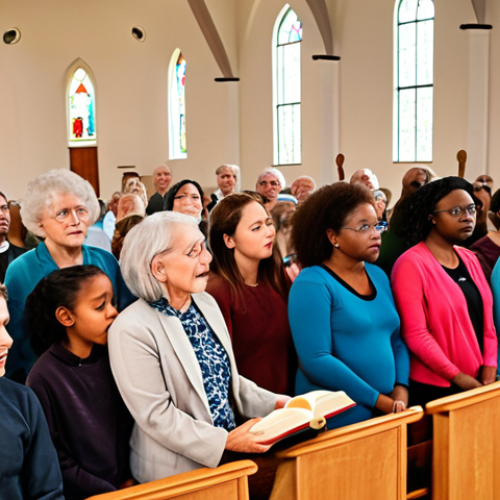 Home 4 **
A diverse group of people of various ages and ethnicities gathered in a modern, bright church. Some are holding Bibles, others are singing, and a pastor is giving a sermon. The atmosphere is welcoming and inclusive, symbolizing the diversity within Christianity. (Keywords: Christianity, diversity, church, worship, community, inclusive)
**