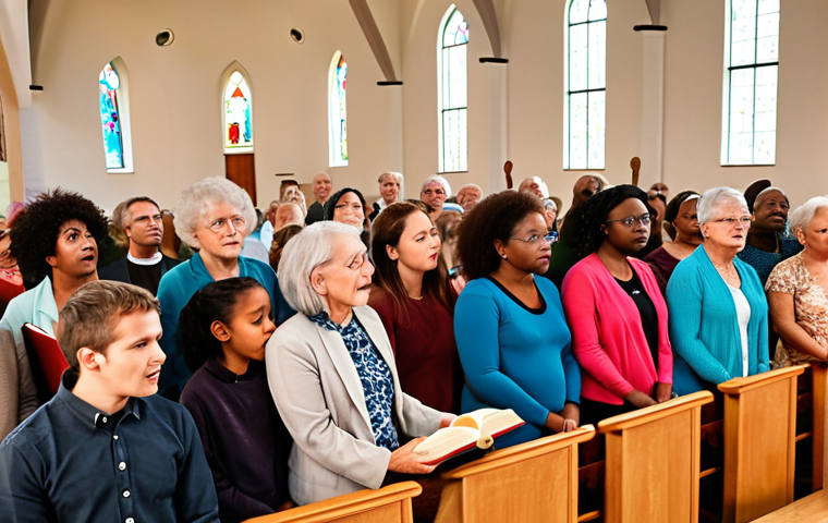 **
A diverse group of people of various ages and ethnicities gathered in a modern, bright church. Some are holding Bibles, others are singing, and a pastor is giving a sermon. The atmosphere is welcoming and inclusive, symbolizing the diversity within Christianity. (Keywords: Christianity, diversity, church, worship, community, inclusive)
**